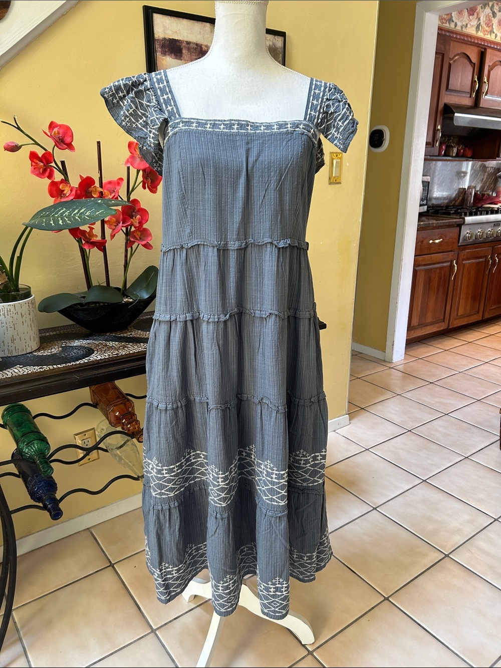 Knox Rose Square Neck Blue Grey Tiered Ruffle Embroidered Cotton LARGE Sundress - Picture 3 of 16